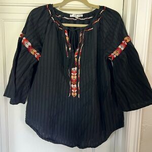 Wild Majesty Black Embroidered Peasant Blouse Boho Festival Top Tassel Size L